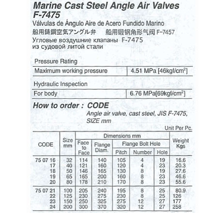 750716-750724 ANGLE VALVE CAST-STEEL AIR, FLANGED F7475 46KG