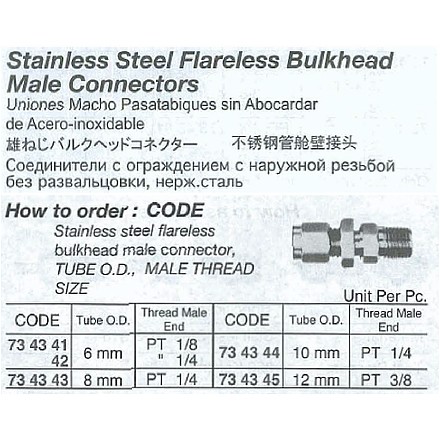 734341-734345 CONNECTOR BULKHEAD MALE, STAINLESS FLARELESS
