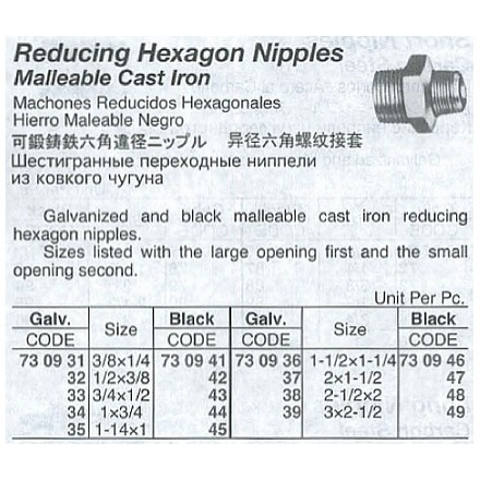 730941-730949 NIPPLE HEXAGON REDUCING BLACK, MALLEABLE CAST IRON