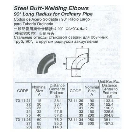 731121-731135 ELBOW STEEL BUTT-WELDING SGP, 90DEG LONG RADIUS