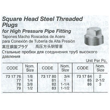 731776-731786 PLUG SQUARE HEAD STEEL, THREADED FOR H.P. PIPE FITTING