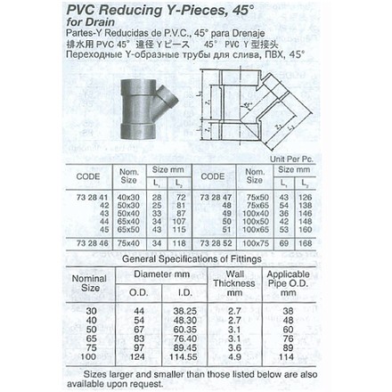 732841-732852 Y-PIECE REDUCING PVC 45DEG