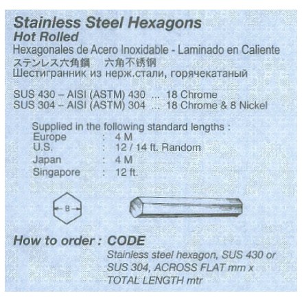 672063-672082 STAINLESS STEEL HEXAGON, HOT-ROLLED SUS-430 
