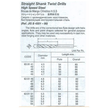 630122-630147 DRILL H.S.S. STRAIGHT SHANK, TWIST