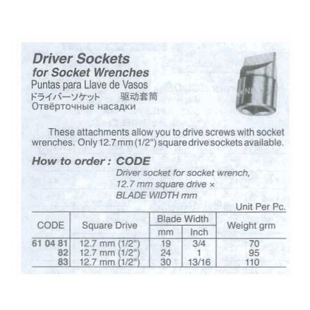 610481-610483 DRIVER SOCKET, 12.7MM/SQ DRIVE