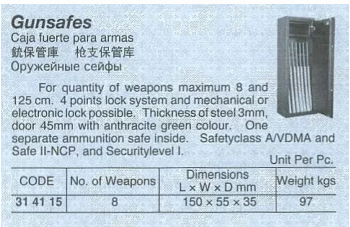 314115 GUNSAFE STEEL FOR 8 WEAPONS, L150XW55XD35MM 97KGS 