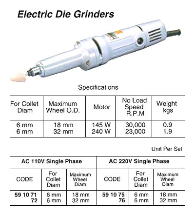 591071-591076 GRINDER DIE ELEC. 6MM COLLET, AC110V 1-PHASE