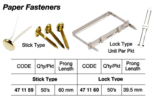471159 FASTENER PAPER STICK TYPE, PRONG LENGTH 80MM 50'S/PKT
